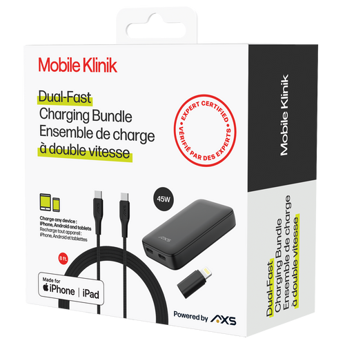 Mobile Klinik - ensemble de charge double et rapide, câble tissé de 8 pi type C / Lightning (45W)