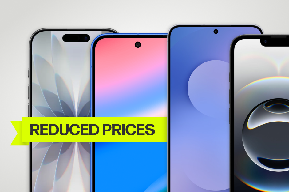 4 phones layered over each other with a yellow banner that says "Reduced Prices"